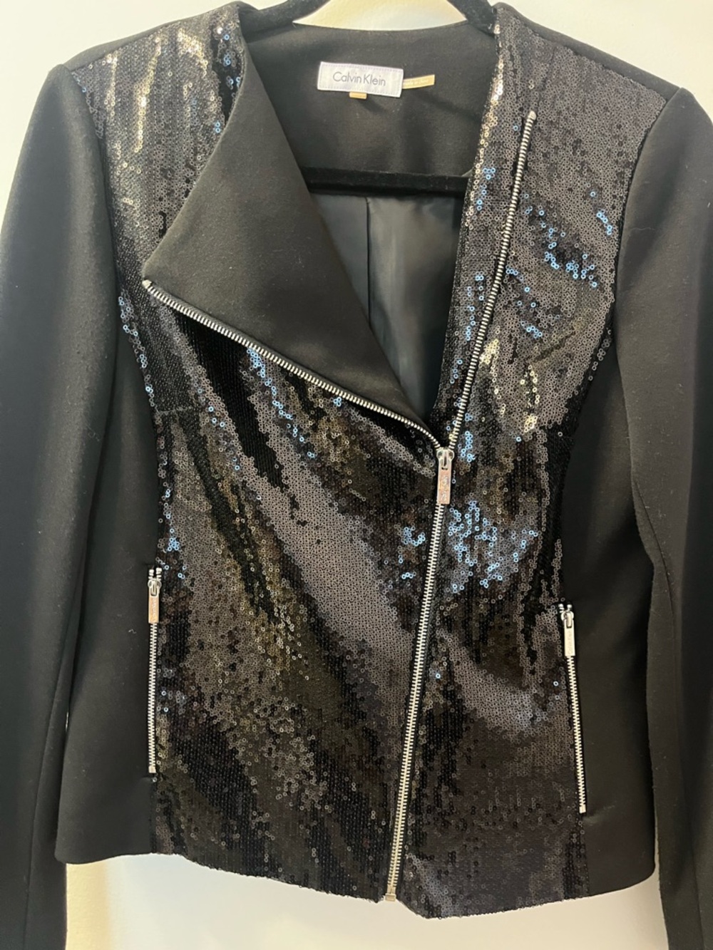 Calvin Klein Black Sequin Moto-Style Blazer Jacket PTP 19/L 21 - Picture 2 of 8